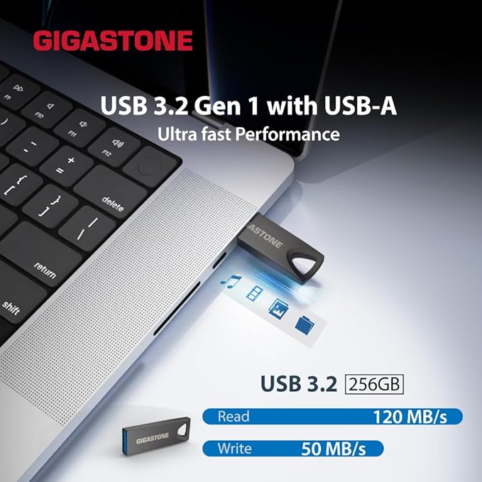 GIGASTONE 256GB Slim Fit Flash Drive (2 Pack) Z70 USB 3.2 Gen 1, 120MB/s Ultra Fast, Nickel Metal Design, Data Storage, Backup for PC/Mac/TV/Car Audio, USB 2.0/3.0/3.1 Compatible