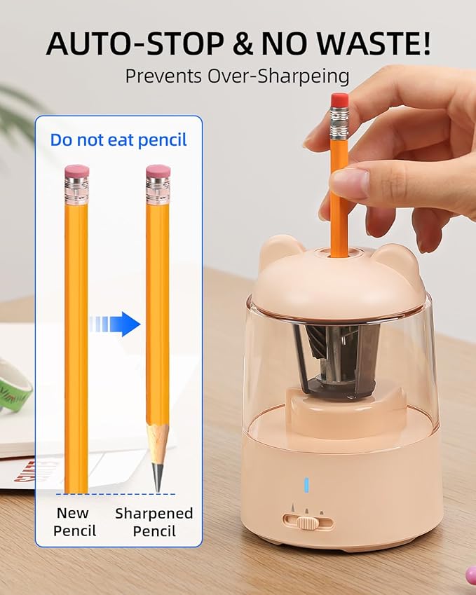 ZMOL Colored Pencil Sharpener, Rechargeable Electric Pencil Sharpener, Auto Stop, Pencil Sharpeners for Battery Powered Cute for Kids Gift No.2/Colored Pencils (6-8mm), Classroom/Office/Home Pink