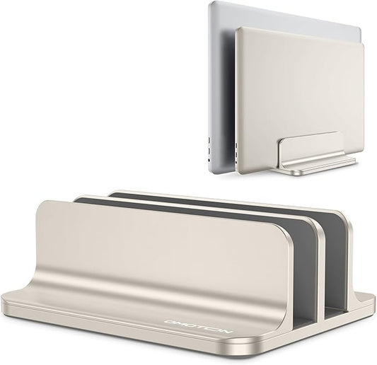 OMOTON Vertical Laptop Stand [Updated Double Version], Desktop Aluminum Mac Book Stand with Adjustable Dock Size, Fits All Mac Book, Surface, Chrome Book and Gaming Laptops (Up to 17.3") (Starlight)