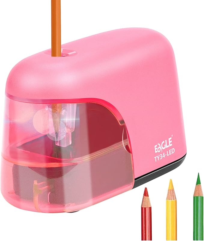 Eagle Electric Pencil Sharpener, Battery Powered Sharpener, LED Light Shinning During Sharpening, Portable, with Reusable and Replaceable Blade, Suitable for Kids, Ideal School Office Supplies (Pink)