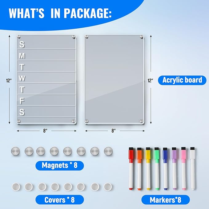 2 Pack 12''*8'' Acrylic Magnetic Planning Board Set, Clear Weekly Meal Planner with Whiteboard Memo, Menu Board for Kitchen with 8 Color Markers, Dry Erase Board for Shopping Grocery List/to Do List