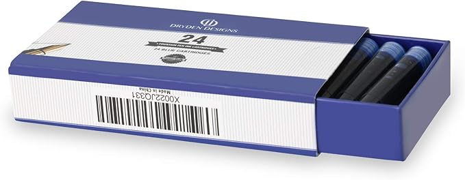 Dryden Designs Fountain Pen Ink Cartridges - Set of 24 Blue Ink CARTRIDGES - Short International Standard Size - Disposable and Generic Ink Refill Cartridges - Perfect for Calligraphy.