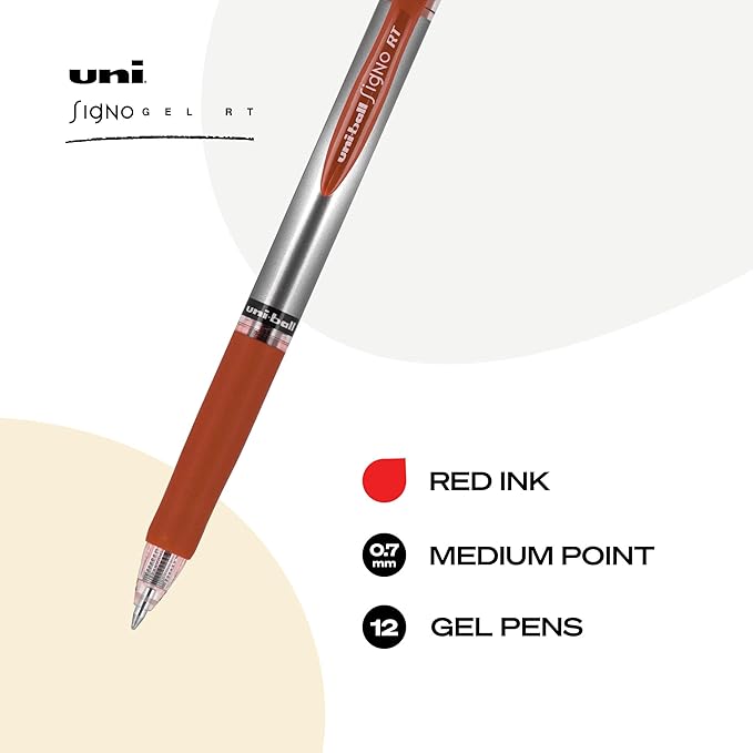 uniball Signo RT Gel Pens, Medium Point (0.7mm), Red, 12 Pack