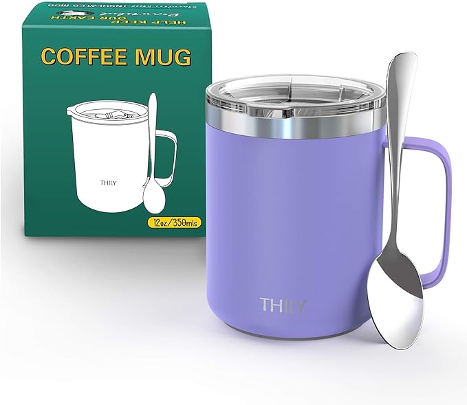 THILY Stainless Steel Insulated Coffee Mug 12 oz Triple-Insulated Travel Cup with Handle and Spill Proof Lid, Keep Coffee Cold or Hot Hours, Powder Coated, Matte Lavender