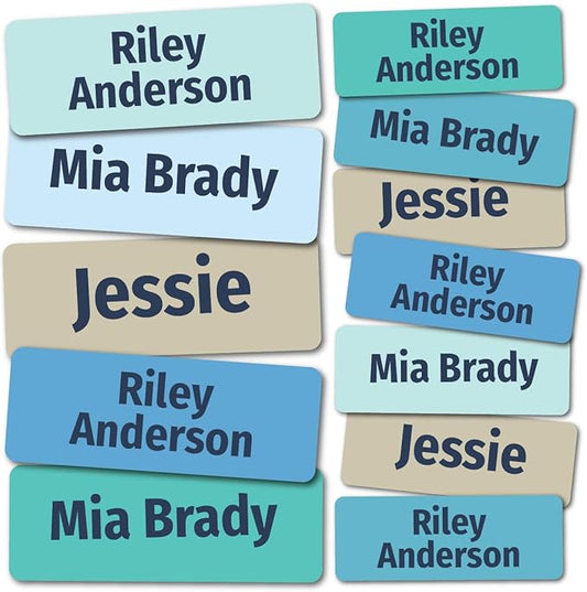 Kids Personalized Name Labels for School, Camp, Daycare (128 Labels) Custom Peel and Stick Waterproof Name Tags Stickers for Water Bottles, Lunch Boxes, Clothing, School Supplies (Raindrop Colors)