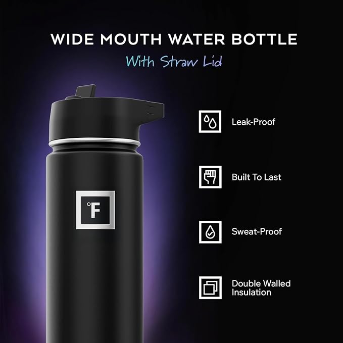 IRON °FLASK 40 oz Wide Mouth Water Bottle with Straw | Insulated Stainless Steel Sports Water Bottle with Leakproof Straw Lid - BPA Free, Cold 24 Hrs, Sweat Free (Midnight Black)