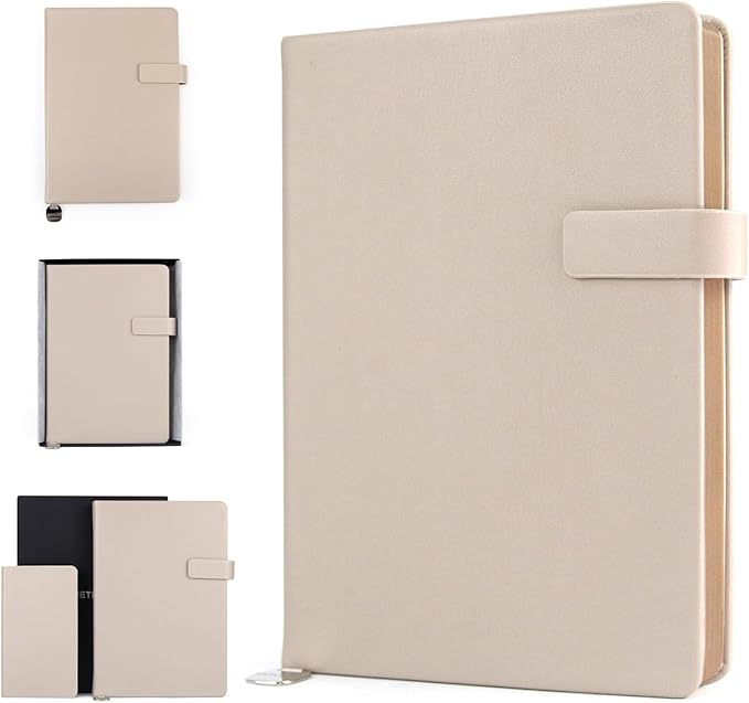 A5 Hard Cover Notebook with Pen Holder, Gold Edges & 180° Lay Flat - Large 5.7x8.4 Lined, Bookmark, Gift Box - Durable Journal for Office, Study, Travel - Writers, Students（Light Coffee）