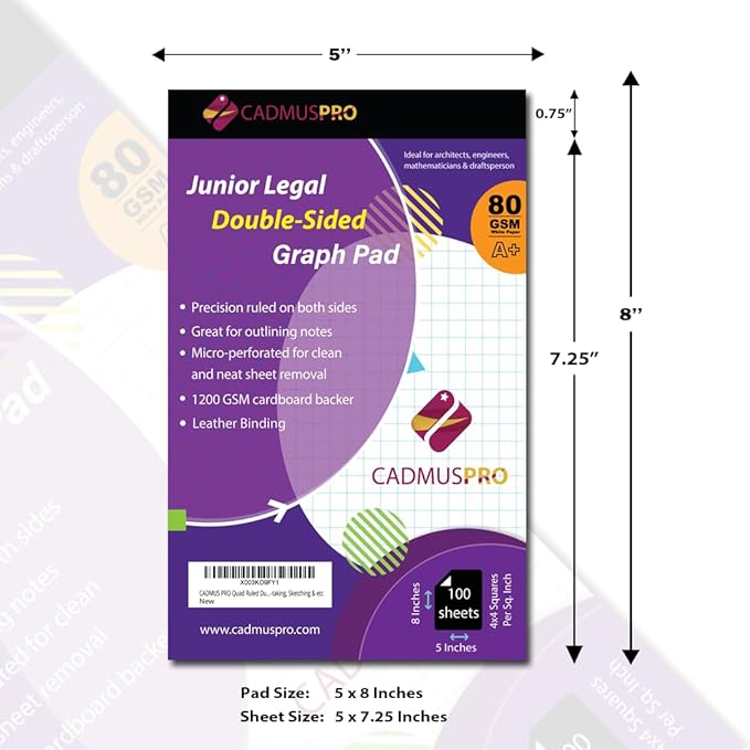 Graph Paper Pad 5x8 Inches, 6 Pack 600 Sheets, Double-Sided 1/4 Inch Quadrille Grid 80 GSM Small Graph Pads for Math, Science, Engineering, Drafting and Notes