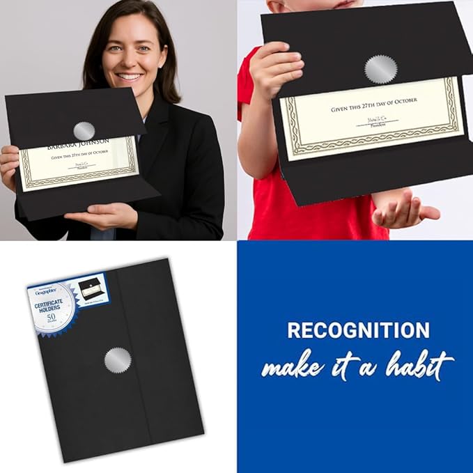 Geographics Certificate Holders - Tri-Fold Navy Linen 9.25x12.5 Inches - 50 Pack - Embossed Die-Cut 80 lb Cover Stock - Silver Medallion Foil Stamp - Ideal for Awards - 218 GSM Document Holder