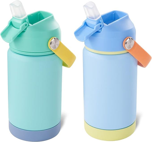 12oz Kids Water Bottle 2 Pack, Stainless Steel Insulated Water Bottle For Kids, Toddler Cup With Straws Leak-proof, Kids Water Bottles For School Boys Girls, BPA Free, Twilight Green+Sky 2-piece set