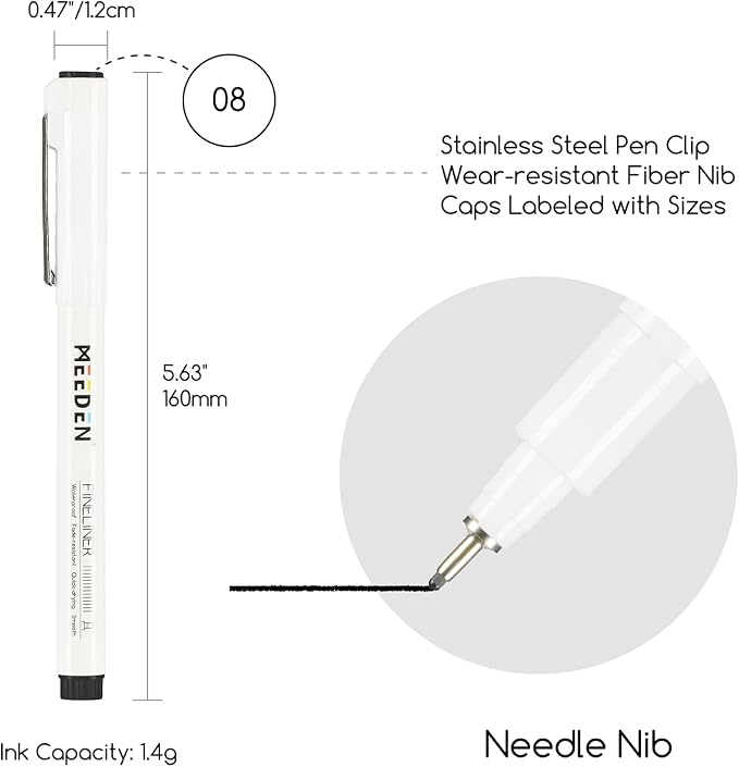 MEEDEN Micro Fineliner Drawing Pens: 0.8mm Needle Nib, 6 Pack, Black Ink