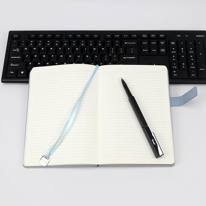 A5 Hard Cover Notebook with Pen Holder, Gold Edges & 180° Lay Flat - Large 5.7x8.4 Lined, Bookmark, Gift Box - Durable Journal for Office, Study, Travel - Writers, Students (Light Blue)