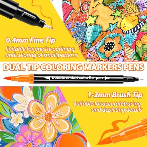 Coloring Markers, Dual Fine Tip And Brush Tip Markers Pens for Adult Coloring Book, 36 Colors Dual Marker Water-Based, Art Drawing Supplies Marker s Kit for Calligraphy, Illustrations, DIY Crafts