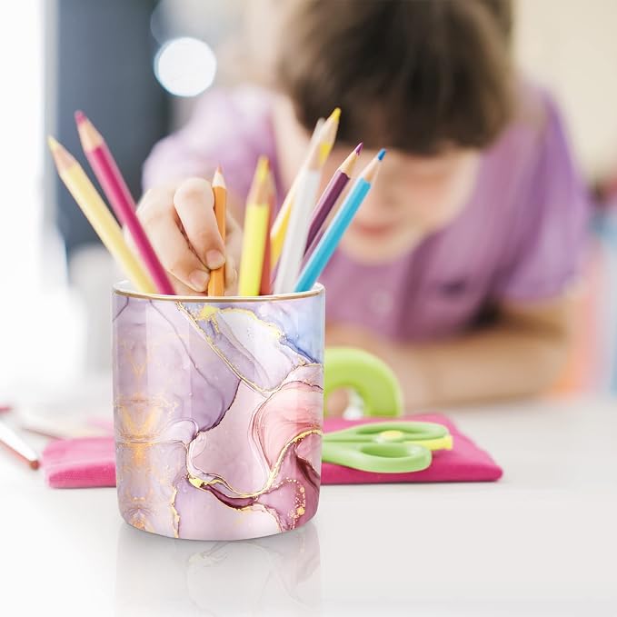 Pink Pen Holder for Desk, Premium Ceramic Pencil Holder Pen Cup Marker Holder Makeup Brush Holders, Desk Accessories & Workspace Organizers for Home, Office,Colorful Marble
