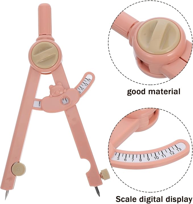 Multifunctional Drawing Compass for Students, Pink Small Plastic Drafting Tool with Locking Scale, Geometry and Math Learning Drafting Compass Kit for School and Education