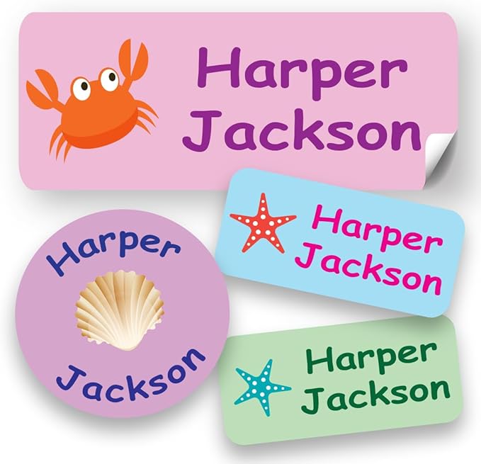 120-ct Personalized Waterproof Name Labels – 3-Line Custom Stick-On Tags for Daycare & Camp – Dishwasher-Safe, Cute Pastel Designs, Pre-Cut