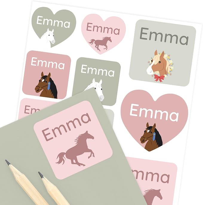 Camp Name Labels for Kids (33) – Custom Waterproof Stickers for Water Bottles, Lunch Boxes, Daycare & School with Unique Designs - Horse