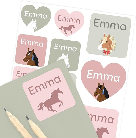Camp Name Labels for Kids (33) – Custom Waterproof Stickers for Water Bottles, Lunch Boxes, Daycare & School with Unique Designs - Horse