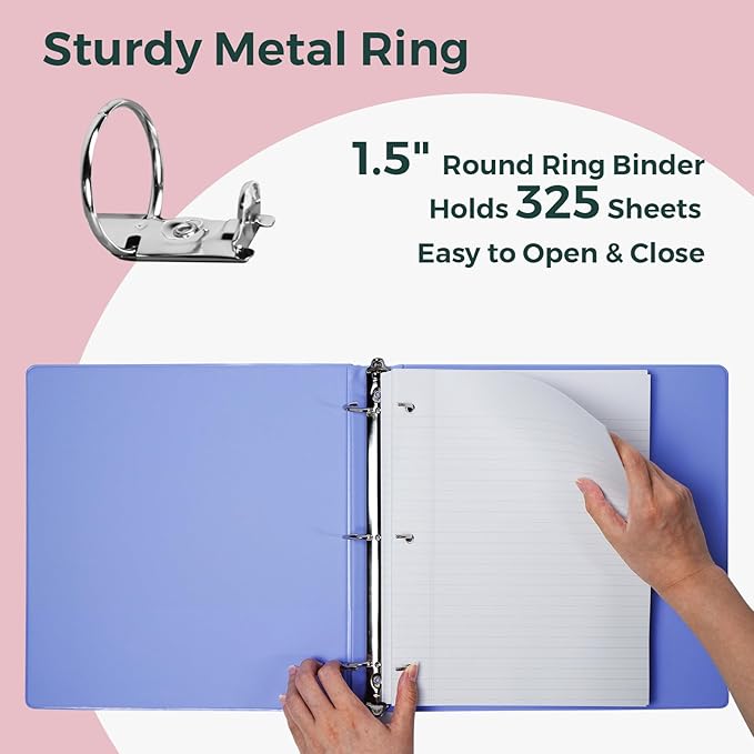 POPRUN 3 Ring Binder 1.5 Inch, PVC-Free, Holds 325 Sheets of 8.5 x 11 Paper, Extra Durable Organizer with 2 Pockets for School & Office, Heavy-Duty, 1 Pack, White