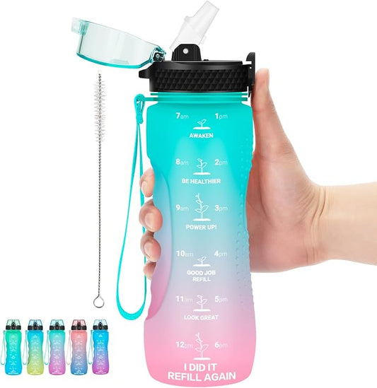 24 OZ Motivational Kids Water Bottle With Time Marker,Straw Lid,Leak Proof, Tritan BPA Free Sports Water Bottle Dark Green Pink (1 Lid)