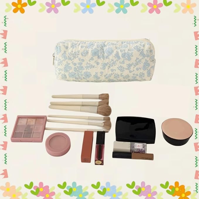 Cute Mini Quilted Makeup Bag for Women Travel Cosmetic Bags Lightweight Coquette Aesthetic Floral Toiletry Organizer Case (Floral#01)