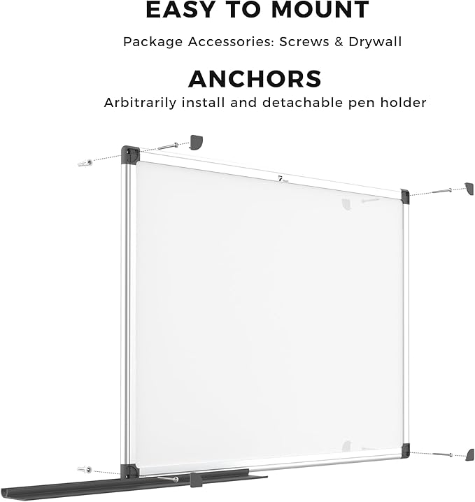 TOWON Magnetic Dry Erase Whiteboard 48 x 36 in, Large White Board for Wall, 4 x 3 Whiteboard with Marker Tray & 2 Magnets, Silver Aluminum Frame for Office, Classroom & Home