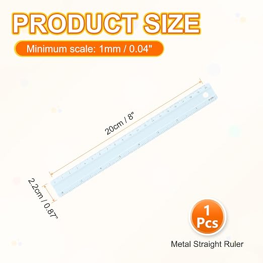 HARFINGTON Metal Straight Ruler 8 Inch(20cm) Metric Aluminum Alloy Measuring Rulers Scale Tool with Hole for Measure Study Reading Classroom Office, Light Blue