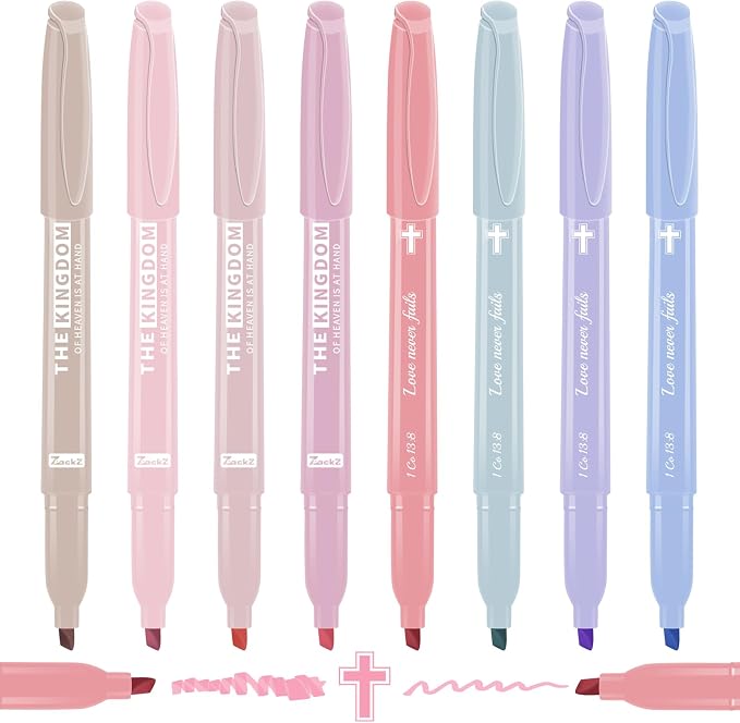 7-ackz Pastel Bible Highlighter Markers 8 Pack, No Bleed, Cute Aesthetic Highlighters Assorted Colors Dry Quickly for Bible Study Journaling, Textbook Motivational Gift for Christians, Friends