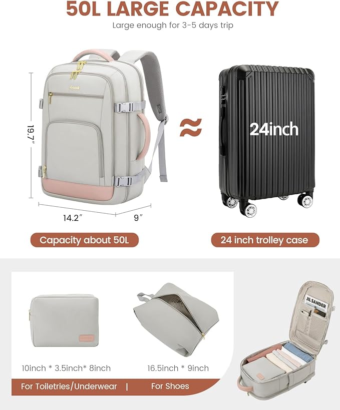 LOVEVOOK Travel Backpack For Women Flight Approved, 50L Carry On Backpack, Personal Item Travel Bag for Airplanes, Business Weekender Fit 18 Inch Laptop, Waterproof Overnight Daypack with 3 Cubes