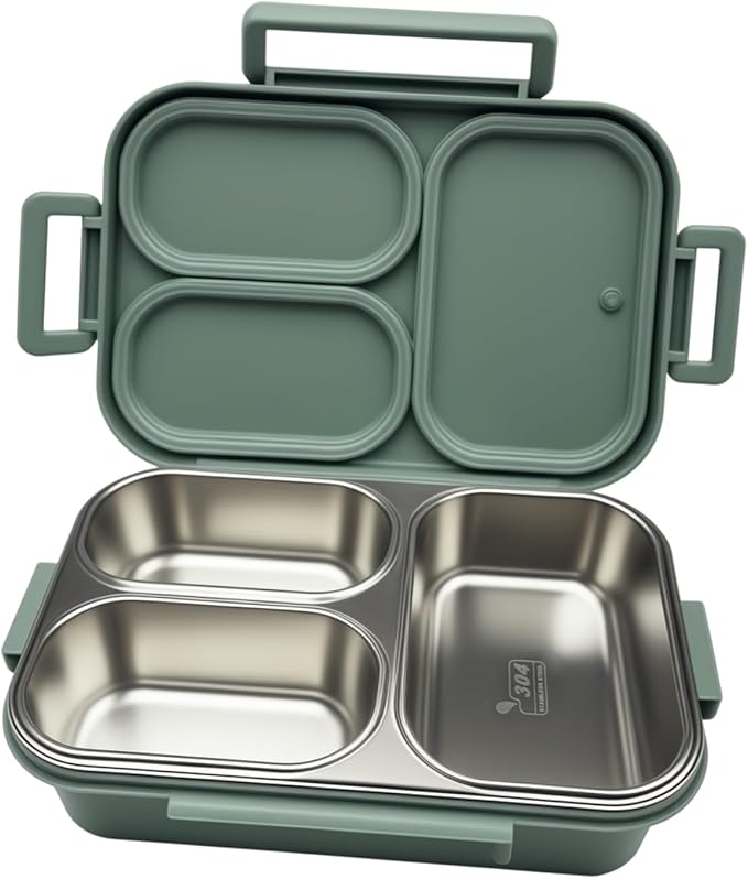 18/8 Stainless Steel Lunch Box & Bento Box for Kids & Adults - 25oz- with Leakproof Condiment Container - 3 Compartmentcute with Dinosaur Cartoon Pattern for School, Office & Outdoor -Dishwasher Safe