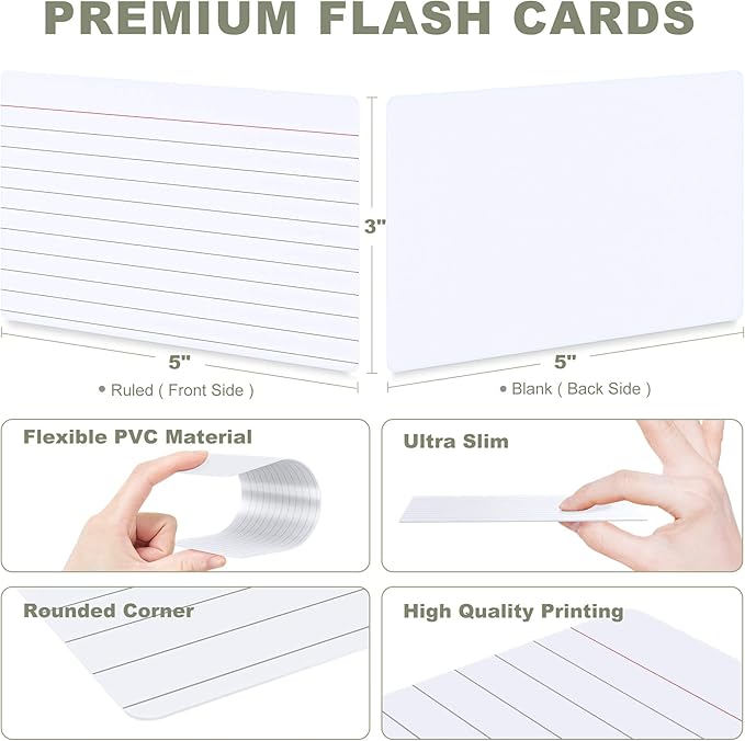 Dry Erase Index Cards 3x5 Ruled & Blank, 24 Sheets Reusable Graph Flash Cards Blank with Box, Waterproof Note Cards for Studying, Small White Board Dry Erase Board, Teacher & School Supplies