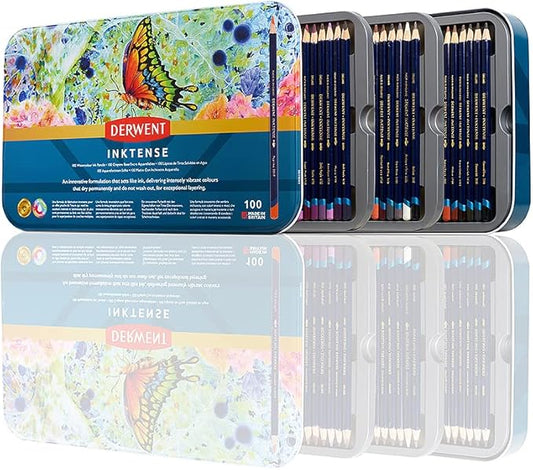 Derwent Inktense Pencils Art Set, 100 Permanent Watercolor Pencils Set in Tin, Premium Colored Pencils for Adults, Water-Soluble Indelible Pencil Collection, 4mm Core, Professional Quality (2306130)