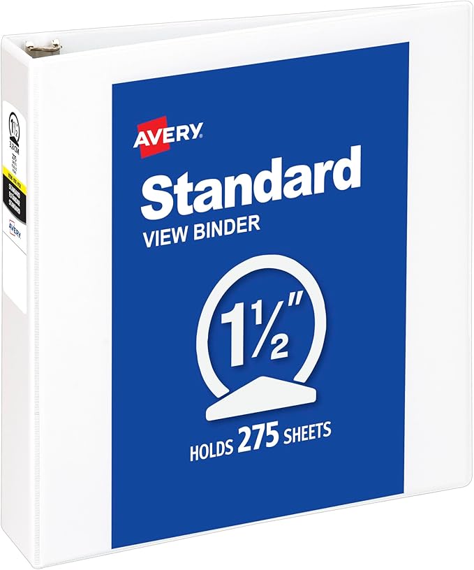 Avery Standard View 3 Ring Binder, 1.5" Round Rings, 275-Sheet Capacity, 2.1 Inch Wide Spine, 1 White Binder, Ideal for Lightweight Organization and Occasional Referencing (05726)