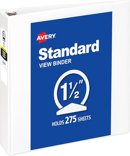 Avery Standard View 3 Ring Binder, 1.5" Round Rings, 275-Sheet Capacity, 2.1 Inch Wide Spine, 1 White Binder, Ideal for Lightweight Organization and Occasional Referencing (05726)