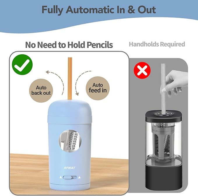 AFMAT Electric Pencil Sharpener, Fully Automatic Pencil Sharpener for 7-8mm Pencils & Colored Pencils, Auto in & Out, Rechargeable Vertical Hands-Free Sharpeners for Classroom/Home/Office PSX7(Blue)