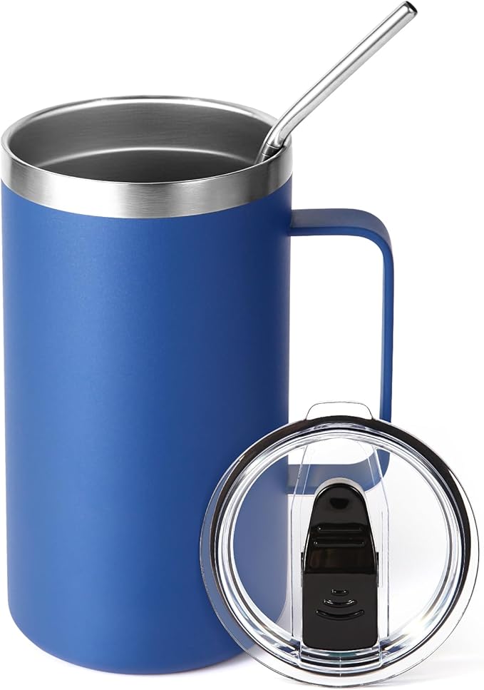 Volhoply 22oz Insulated Stainless Steel Coffee Mug with Leakproof Lid,Double Wall Vacuum Travel Coffee Cup with Handle,Reusable Metal Tumbler,Camping Mugs Keep Hot&Cold(Blue,1)