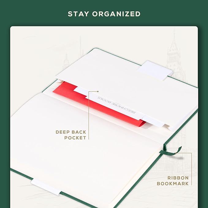 BEECHMORE BOOKS A5 Dotted Journal – 160gsm Thick Paper No-Bleed Bullet Notebook – Hardcover Dot Grid Logbook with Presentation Gift Box – Vegan Leather Sketchbook for Artists & Professionals