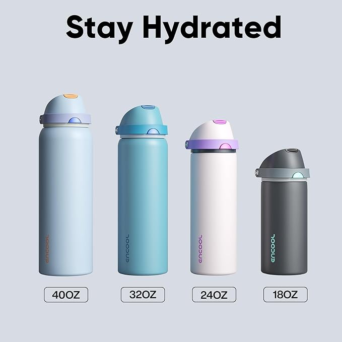 Insulated Water Bottle with Straw - Encool Stainless Steel Water Bottle with Push Button Lid, Leak-Proof & BPA-Free, Keeps Cold for 24 Hours for Sports, Travel, Gym (24 oz, Silver Grey)