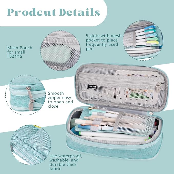 iSuperb Foldable Pencil Case Zipper Big Capacity Aesthetic Canvas Pencil Pouch Compartments Stationery Organizers Pen Bag for Kids Girls Boys Teen Child Student School Supplies Makeup Bags (Green)