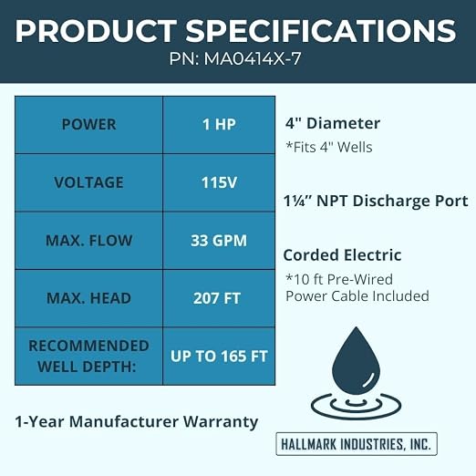 Hallmark Industries MA0414X-7 Deep Well Submersible Pump, 1HP, 110V 60HZ, 33 Gpm, Stainless Steel, Long Life
