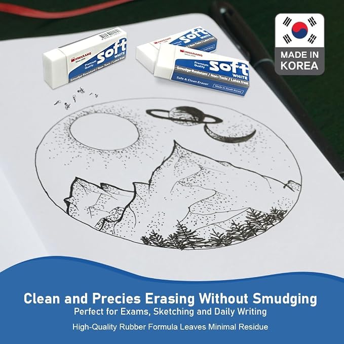 Hwarang Original Korean Art Eraser Set – Soft, Clean Erasing, Professional & School Supplies, Quality Proven, Dust-Free, Smudge-Proof, Eco Friendly - 12 Erasers in a Set