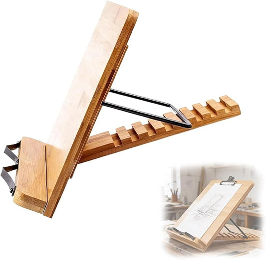 Adjustable Bamboo Book Stand & Cookbook Holder for Kitchen Counter丨5-Level Wooden Bookstand for Reading, Textbooks, or Bible Stand Holder丨Portable Recipe Book Stand with Locking Design(Medium)