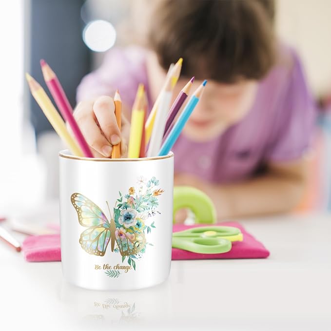 Cute Pen Holder for Desk, Ceramic Durable Pencil Cup, Simple&Modern Style Makeup Organizer, Multifunctional Office Supplies for Home, Kids and School, Butterfly Pattern
