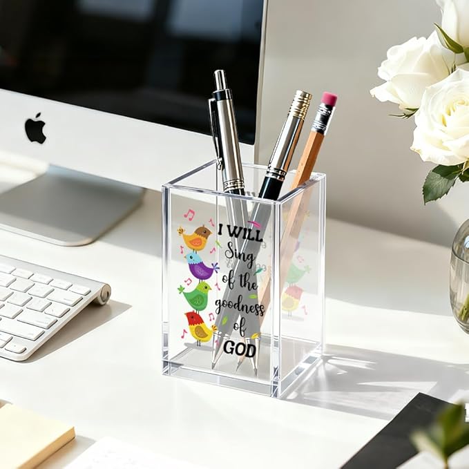 I Will Sing Of The Goodness Of God Pen Holder Makeup Organizer, Funny Bird Christian Pencil Pen Holder for Desk, Musical Notes Desk Accessories Bible Verse Pencil Cup, Religious Gifts Organizer