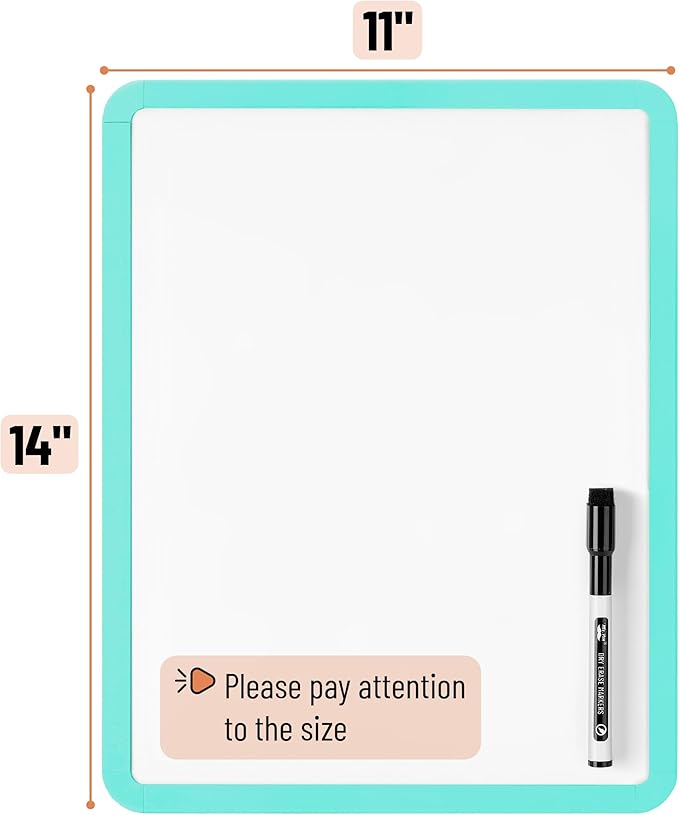 Mr. Pen- Dry Erase Board, 14” x 11” with a Black Dry Erase Marker, Aqua Blue Frame, Small Mini White Board for Students, Fridge, Wall, Locker, Includes Double Sided Tapes
