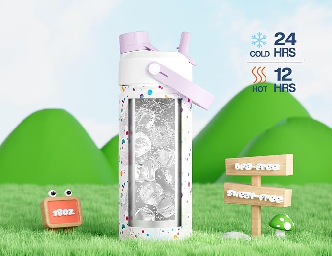 18 oz Kids Insulated Water Bottle: BPA-Free, Easy Clean, Keep Cold 24H, Leakproof, Stainless Steel Cup, Unique Patterns, Dual-Function Lid for School, Travel, Party, Playtime, Gift (Dotty Butterfly)