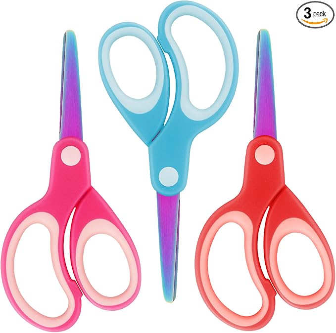 Asdirne Left Handed Kids Scissors, Safety Children Titanium Coating Scissors, Craft Scissors with Blunt Tip Stainless Steel Blades and Soft Grip, Great for Home and School,13.5cm, 3 Pack