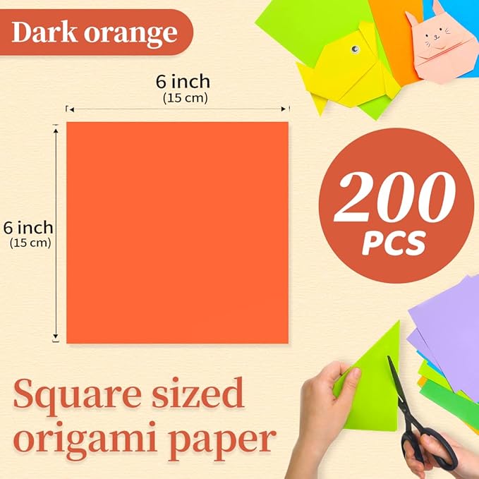 IOOLEEM Origami Paper, 200 Sheets, Dark Orange Origami Paper, 6 Inch Square, Double Sided Colored paper.