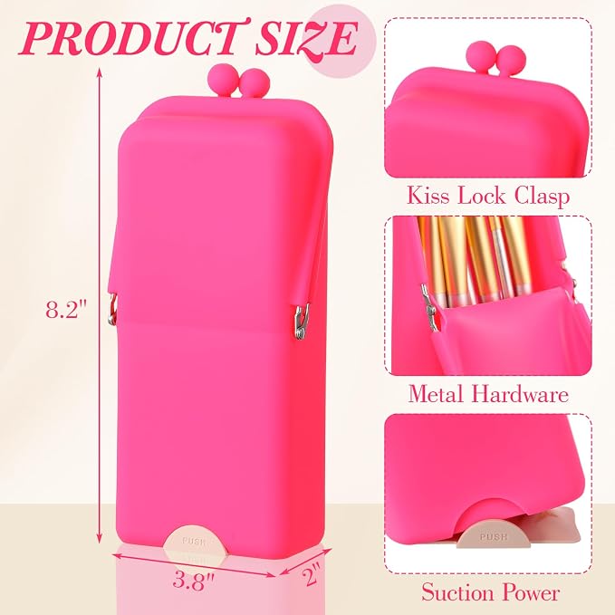 Kacctyen Makeup Brush Case Silicone Standing Makeup Brush Holder,Hot Pink | Silicone Make up Travel Bag with Suction Portable Cosmetic Organizer Phone Stand Pouch for Travel Home Back to School Use