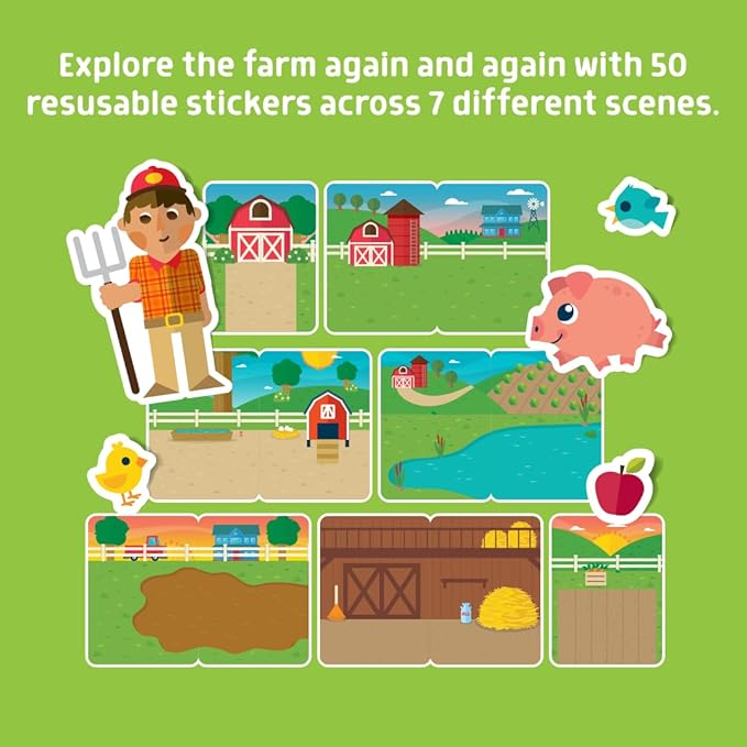Chuckle & Roar Reusable Sticker Book: Farm – 7 Farm Scenes + 45 Premium Reusable Stickers, Mess-Free Arts & Crafts Travel Activity for Toddlers, Durable On-The-Go Sticker Play Set, Ages 3+